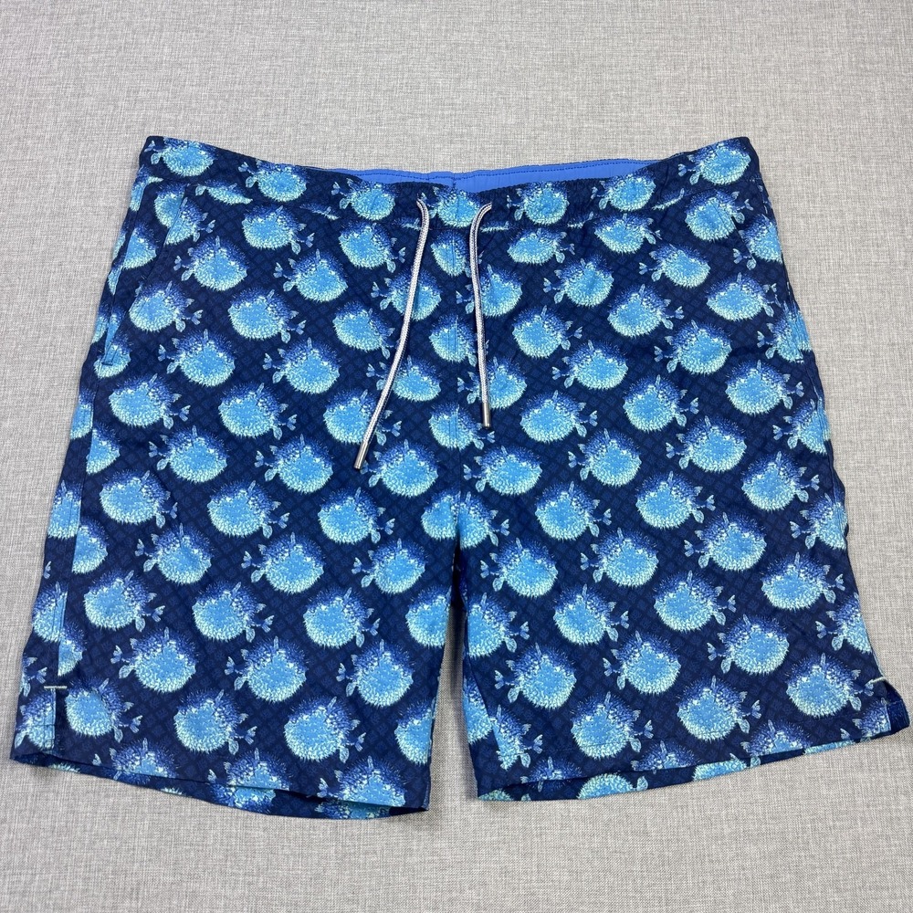 Peter‎ Millar Swim Trunks Mens 2XL Blue Puffer Fish Print Mesh Lined Drawstring